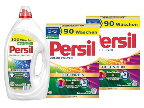 PERSIL-Set Kraft-Gel 1x 100 Waschladungen Universal & Pulver 2x 90 Waschladungen (180WL) Color, Voll- & Colorwaschmittel-Set für reine Wäsche und hygienische Frische für die Maschine