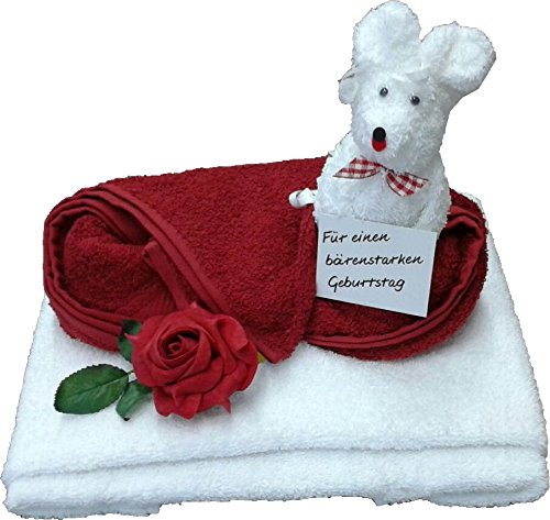 Frotteebox Geschenk Set Bär in Handarbeit geformt aus 2X Handtuch Bordeaux/weiß (100x50cm) und 1x Waschhandschuh weiß