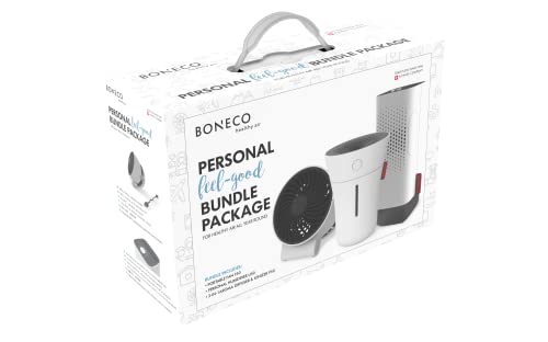 BONECO Persönliches Wohlfühl Bundle - Aroma Diffusor, Ultraschall Luftbefeuchter und Ventilator - für Büro, zu Hause oder unterwegs - USB-C Anschluss, weiß
