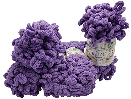 Alize Puffy 5 x 100 Gramm Strickwolle, 500 Gramm Fingerstrick - Wolle super Bulky, Schlaufenwolle, Stricken ohne Nadel (lila 437)