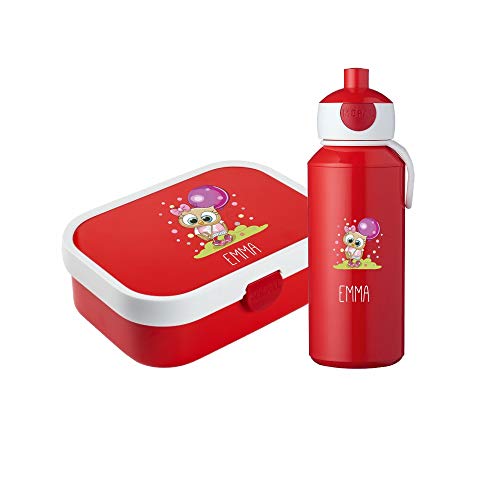 4you Design Set: rote Brotdose & Trinkflasche für Kinder -Eule- personalisiert mit Namen – inkl. Bento Box, Gabel & Pop-Up Flasche, Einschulung, Schule (Rot)