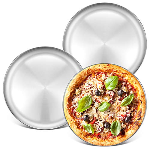Deedro Pizzablech aus Edelstahl, 33,5 cm, rund, Pizzabackblech, Pizzabackblech, Pizza-Backform, Pizza-Serviertablett, spülmaschinenfest, 3 Stück