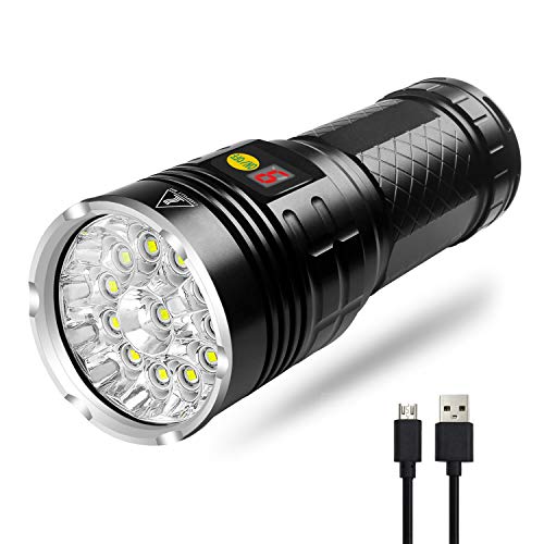 Taschenlampe Led 10000 Lumen, 12 Super Helle LEDs, Leistungsanzeige, Eingebaute Batterie, Wiederaufladbarer USB