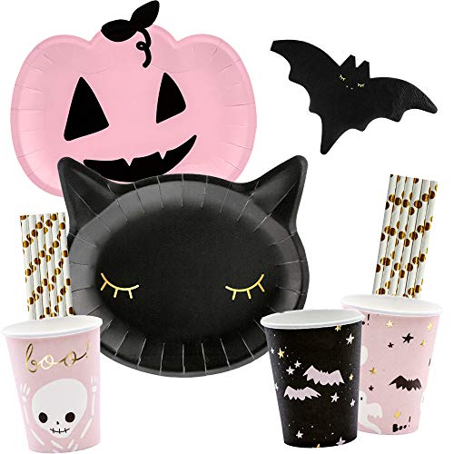 spielum 56-teiliges Party-Set Halloween Kürbis Katze Fledermaus - Teller Becher Servietten Trinkhalme für 12 Personen