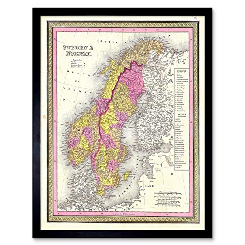 Wee Blue Coo 1850 Mitchell Map Sweden And Norway Vintage Art Print Framed Poster Wall Decor Kunstdruck Poster Wand-Dekor-12X16 Zoll