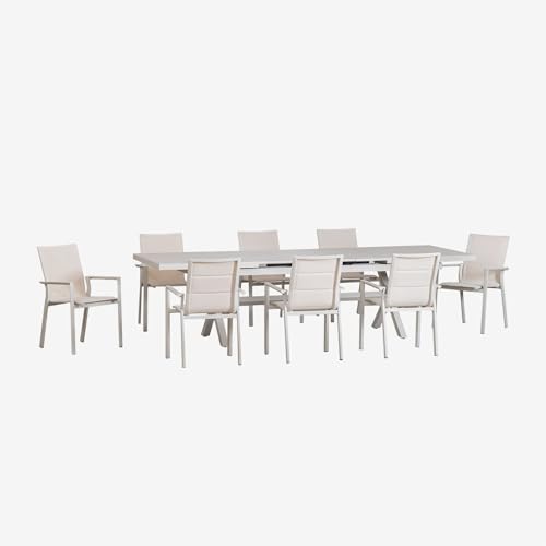 SKLUM Set aus ausziehbarem rechteckigem Gartentisch (240–300 x 100 cm) und 8 stapelbaren Aluminium-Gartenstühlen Karena Gardenia Weiß