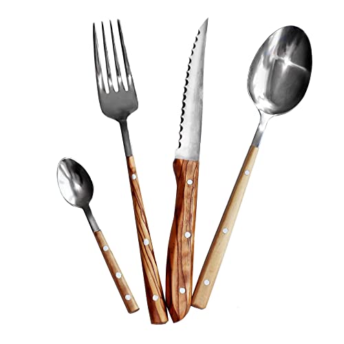 NATUREHOME Premium Design Olivenholzbesteck im 4er Set: Messer, Gabel, Löffel groß, Löffel klein