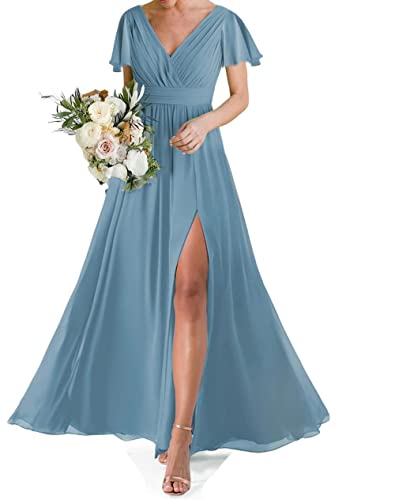 Ballkleid für Frauen, kurzärmelig, lang, Chiffon, doppelter V-Ausschnitt, Brautjungfernkleid mit Schlitz, stahlblau, 32