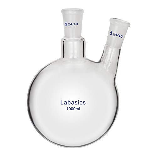 Labasics Glas 1000ml Rundkolben mit 2 Hals RBF, 2 Neck Round Bottom Flask mit 24/40 Mittlerer und Seiten Konus Joint - 1000ml