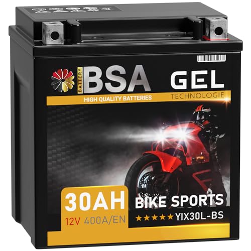 BSA YIX30L-BS GEL Roller Batterie 12V 30Ah 400A/EN Motorradbatterie doppelte Lebensdauer entspricht YB30L-BS 83200 vorgeladen auslaufsicher wartungsfrei ersetzt 30Ah