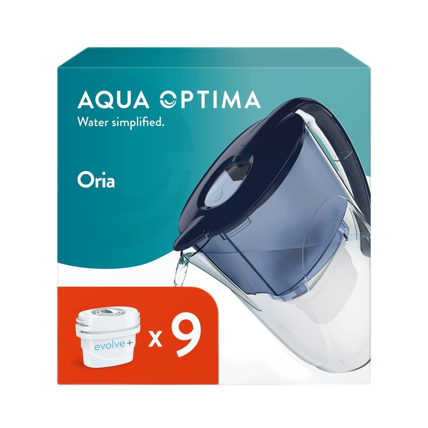 Aqua Optima Oria Wasserfilterkanne & 9 x 30 Tage Evolve+ Wasserfilterkartusche, 2,8 Liter Fassungsvermögen, zur Reduzierung von Mikroplastik, Chlor, Kalk und Verunreinigungen, Weiß