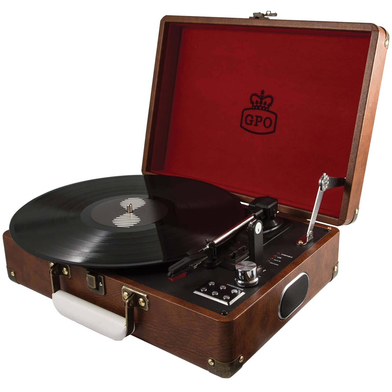 GPO Attache Plattenspieler im Aktenkoffer-Stil mit Vinyl Plattenspieler und eingebauten Lautsprechern, Vintage Braun