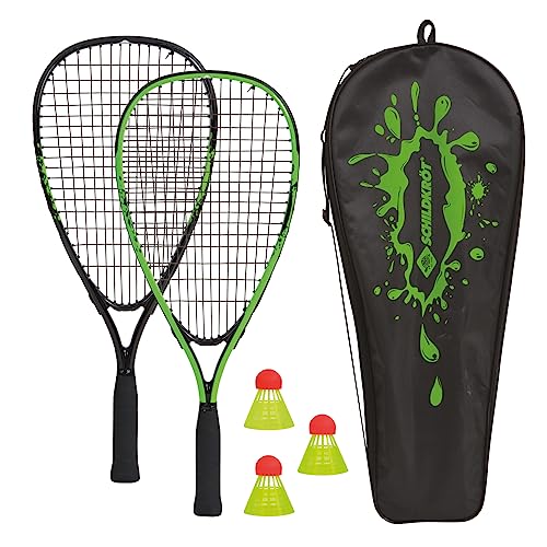 Schildkröt Speed-Badminton Set, 2 handliche Aluminium-Rackets, Länge 54,5cm, 3 windstabile Bälle, perfekt geeignet für EIN windstabiles und schnelles Federball, wertige Tasche, grün-schwarz, 970906