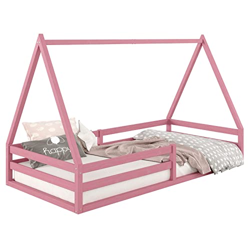 IDIMEX Hausbett SILA aus massiver Kiefer, schönes Montessori Bett in 90 x 200 cm, stabiles Kinderbett mit Rausfallschutz und Dach in rosa