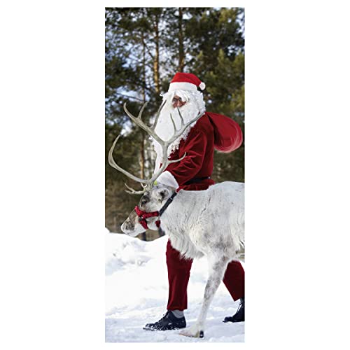 Dekoratives Stoffbanner,Weihnachtsmann mit Rentier' 75 x 180 cm rot Winterbanner Textil-Banner Dekoration schwer entflammbar