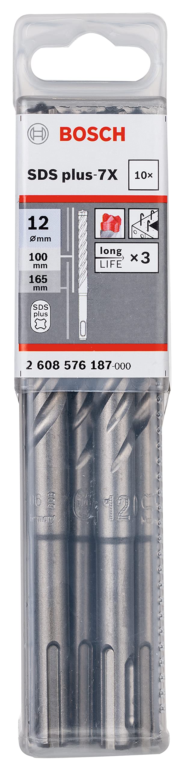 Bosch Professional 10tlg. Hammerbohrer SDS Plus-7X (für Beton und Mauerwerk, 12 x 100 x 165 mm, Zubehör Bohrhammer)