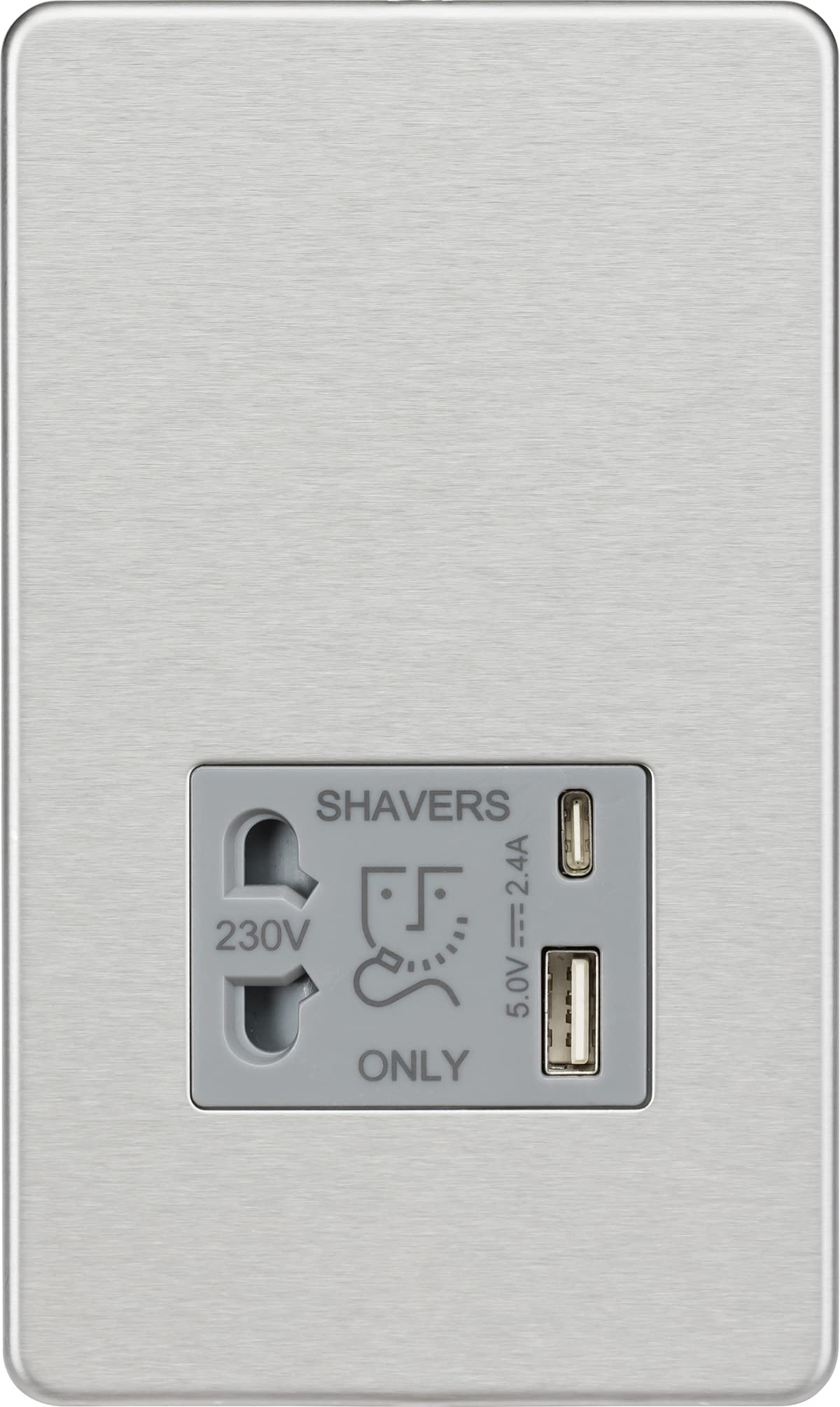 Knightsbridge Screwless Shaver Socket with Dual USB A+C (5V DC 2.4A Shared) - Brushed Chrome with Grey Insert