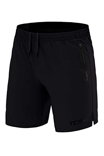 TCA Herren Elite Tech Leichte Lauf, Gym oder Trainings Shorts mit Reißverschlusstaschen - Triple Black (Schwarz), S