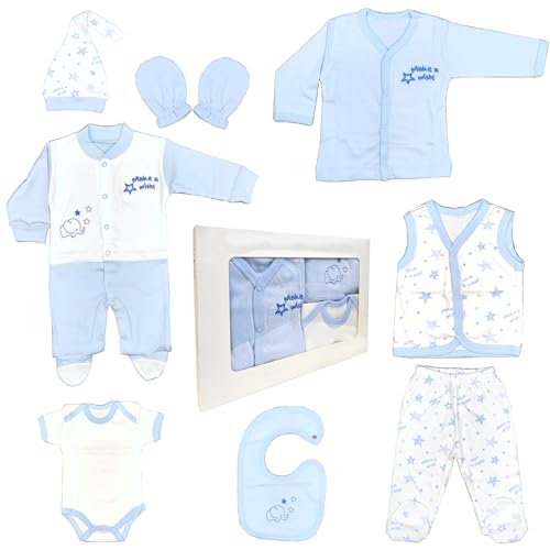 Blue Eyes Neugeborenen Baby Geschenk Set 100% natürliche Baumwolle Erstausstattung Ausstattung Jungen Kleidung Geschenkset Babyausstattung für Babys 0-4 Monate 8 teilig (Stern-Blau)
