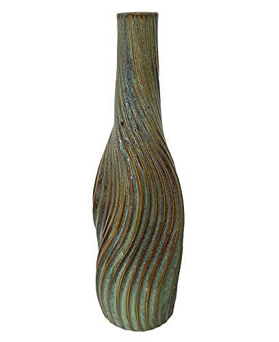 Bodenvase Vase Standvase Keramik Handgefertigt Rillen Struktur Türkis 50cm