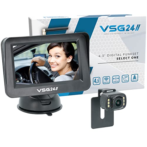 VSG24 24146 – 4,3“ Funk Rückfahrsystem für PKW, RVS Kamera Set, 600TV Auflösung, Nachtsicht, 120° Winkel, 12V, e-Zulassung, IP68 - Schwarz