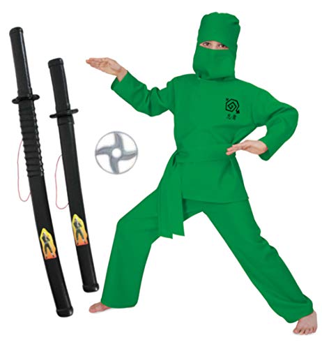 KarnevalsTeufel Kinderkostüm-Set Ninja 4-teilig Kostüm in schwarz, rot oder grün mit Wurfscheibe und 2 Spielzeug-Schwertern in schwarz (Grün, 128)