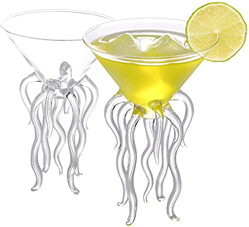 DAH Octopus Cocktailglas, transparentes Martini Glas Kreatives Quallenglas Tasse Saftglas für Küchenbar Party Party Hochzeit (Paar)