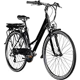 ZÜNDAPP Z802 E Bike Damen Trekking 155-185 cm Fahrrad 21 Gänge, bis 115 km, 28 Zoll Elektrofahrrad mit Beleuchtung und LED Display, Ebike Trekkingrad (schwarz/grau, 48 cm)