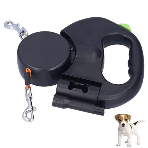 Einziehbare Hundeleine, Nylon 1 Tow 2 Einziehbare Doppel-Hundeleine mit Taschenlampe, 9,8 Fuß 360 ° verwicklungsfreie Haustierleine für bis zu 25 kg schwere Hunde, Einhandbremse, Pause, Sperre