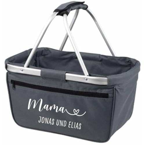 AWASG Einkaufskorb Mama mit Herz - Personalisiert mit Name - Einkaufstasche Mom klappbar Tragekorb mit Aufdruck - 45 x 25 x 25 cm (grau)