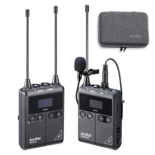 GODOX WMicS1 kit1 Drahtloses Omni Lavalier-Mikrofonsystem für die Kamerahalterung, UHF 96-Kanäle, Echtzeit-Audiomonitor, Arbeitsbereich bis zu 100 m, HD-OLED-Display, spiegellose/DSLR-Kameras