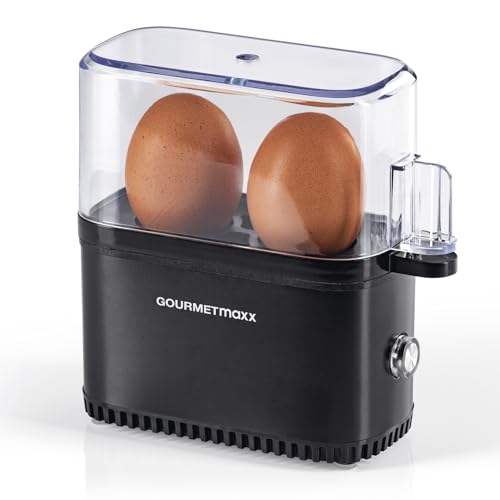 GOURMETmaxx Eierkocher für 2 Eier | Elektrischer, energiesparsamer Egg Cooker mit einfacher Bedingung für perfekte Frühstückseier | Mit Messbecher & Ei-Pick | Kompaktes Design & BPA frei [Schwarz]