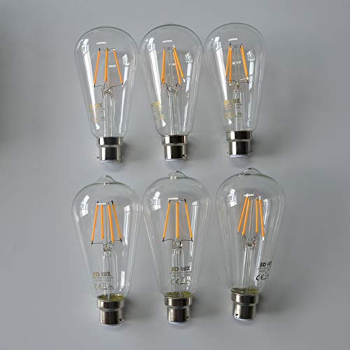 SD LUX B22 LED-Leuchtmittel, Vintage-Fadenzglas-Leuchtmittel, ST64, kein Flackern, Edison-Bajonett-LED-Leuchtmittel, 6 W (entspricht 60 W), 650 lm, warmweiß, 2700 K, nicht dimmbar, 6 Packungen