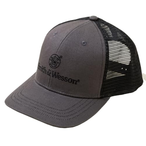 Smith & Wesson Herren-Trucker-Mütze, Baseballkappe, zweifarbig, mit Emblem-Logo, Kontrastnähte, weißes Netzrücken, offizielles Lizenzprodukt, Einheitsgröße, Grau/Schwarz, Grau/Schwarz, Einheitsgröße