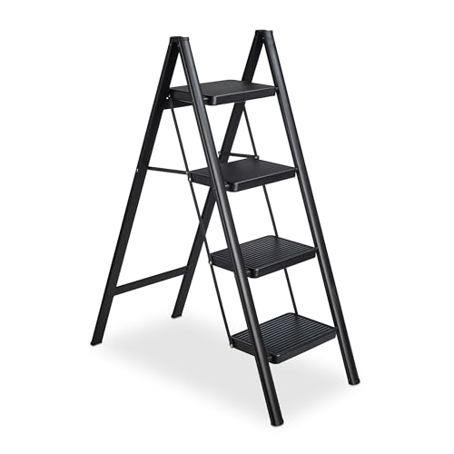 Relaxdays Trittleiter klappbar, 4 Stufen, leichte Treppenleiter Stahl, Leiter bis 150 kg, HxBxT 109 x 42 x 84cm, schwarz