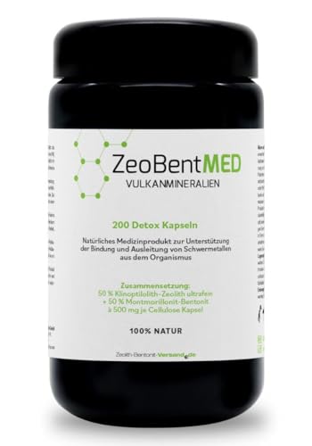 ZeoBent MED 200 Detox-Kapseln, Medizinprodukt, Miron Violettglas, hochdosiert, hochwirksam ultrafein 9µm, Entgiftung von Schwermetallen, 100% Zeolith-Bentonit, Entgiftungskur mit Vulkanmineralien