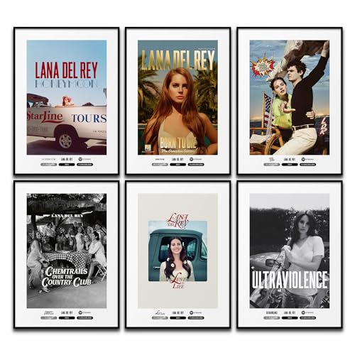 BLCKART Lana Del Rey Album Cover Poster Set Musik Wanddeko Song Bilder Schlafzimmer Deko Wohnzimmer Dekoration Homeoffice (6x A4 | Holzrahmen (Schwarz))