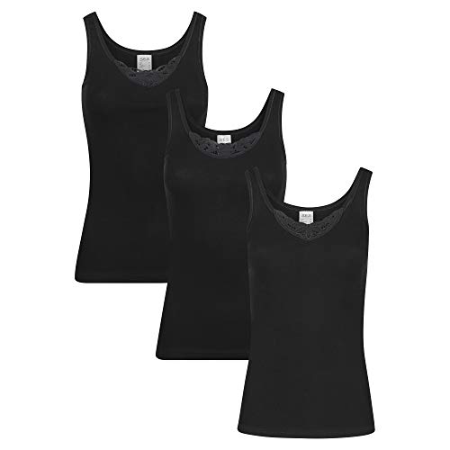 Damen Unterhemd 3er Pack mit Spitze aus 100% Baumwolle (Schwarz, 44)