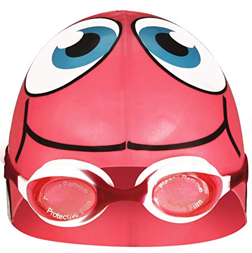 SCHREUDERS SPORT Kinder Waimea Badekappe Silikon Fish mit Brille, Kinder, Waimea, Fuchsia/White/Black/Light Blue, Einheitsgröße