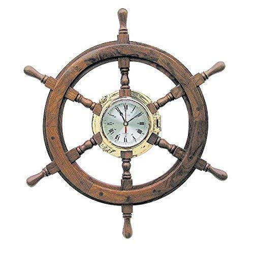 linoows Große Bullaugen Uhr, Marine Wanduhr im Steuerrad, Steuerrad Uhr Messing und Holz