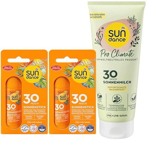 SUNDANCE 3er-Set Sonnenschutz: SONNENSTICK für sonnenempfindliche Hautpartien wie Nase & Ohren, LSF 30 (2 x 20 g = 40 g) + SONNENMILCH PRO CLIMATE Feuchtigkeitspflege ohne Duftstoffe, LSF 30, 200 ml