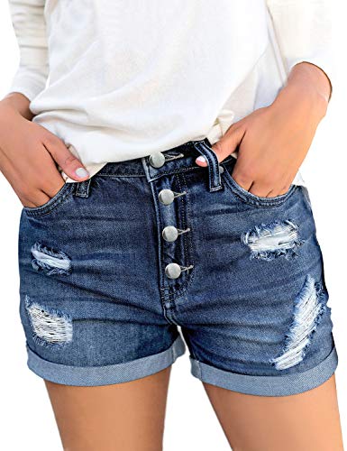 Roskiky Damen Hohe Taille Kurze Hose Strecken Zerrissen Gefalteter Saum Denim Kurze Jeans mit Knöpfen Tiefes Blau, Größe XL