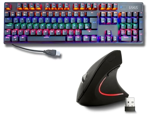 Eaxus® USB Tastatur und Maus Set - Mechanische Gaming Tastatur LED Gaming Keyboard mit Blue Switches + Ergonon Vertikale Maus kabellos