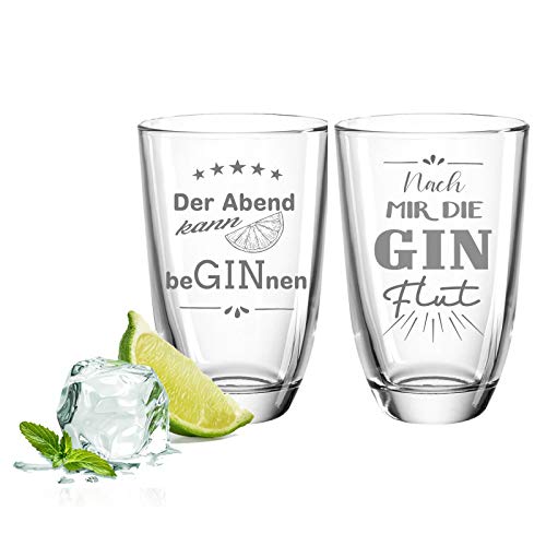 FORYOU24 2er Set Gin-Gläser - Ginflut & Der Abend - Geschenk für Gute Freunde & Partner - Gin-Geschenkset + Gin-Tonic
