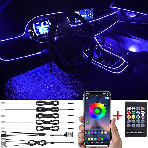 TABEN Auto Umgebungslicht RGB-Fernbedienung + APP-Steuerung Dekorative Lampe DIY Refit Flexibles Glasfaserrohr 64 Farben Innenraum Fußraumbeleuchtung Atmosphärenlicht 1W DC 12V 6m