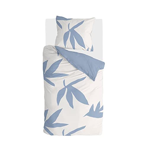 Walra Bettwäsche-Set - Größe 135x200, 100% Baumwolle - Simple Leaves - Weiche und Angenehme Bettwäsche Set mit 80x80 Kissenbezug, Reißverschluss - Off White / Jeans Blau