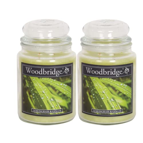 Woodbridge Duftkerze im Glas mit Deckel | 2er Set Lemongrass Ginger | Duftkerze Zitrone | Kerzen Lange Brenndauer (130h) | Duftkerze groß | Kerzen Grün (565g)