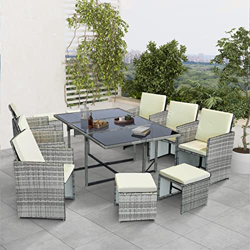 Ribelli 11-TLG. Gartenmöbel Set, Lounge Set, Kissen - aus PE-Rattan - Tisch Plus sechs Stühle und Vier Hocker praktisch zu verstauen, Farbe:grau/Cream