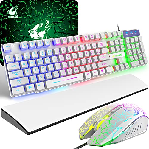 Gaming Tastatur und Maus mit Handgelenkauflage, USB Verkabelt IT Layout Regenbogen LED Hintergrundbeleuchtung Ergonomische Keyboard 6 Tasten 2400 DPI Maus und Mauspad für Windows Mac PS4, Weiß