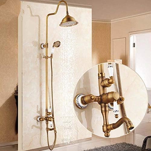 Vintage Style Shower Set Faucet Bathroom Antique Brass Mixer Tap 8 Inch Shower Head Solid Brass Single Handle Wall Mounted